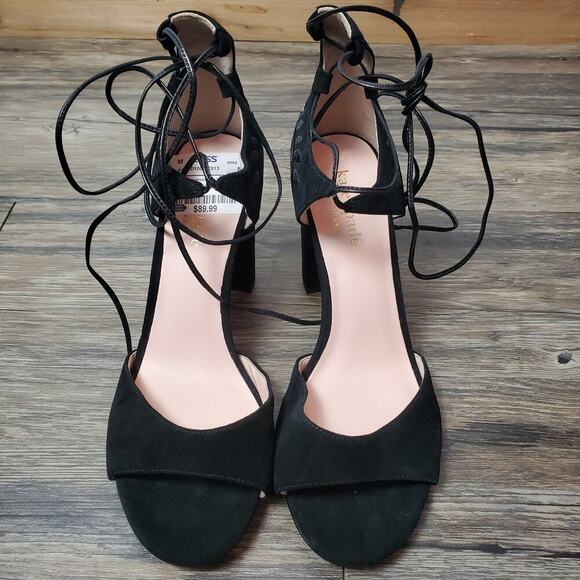 Kate Spade Oasis Lace-Up Suede Heels Floral Embroidered Sandals Black Size 6.5 - Picture 3 of 9